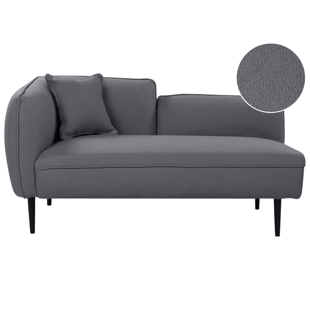 Chaise longue in tessuto boucle grigio scuro Gambe in metallo a sinistra con cuscino Design moderno