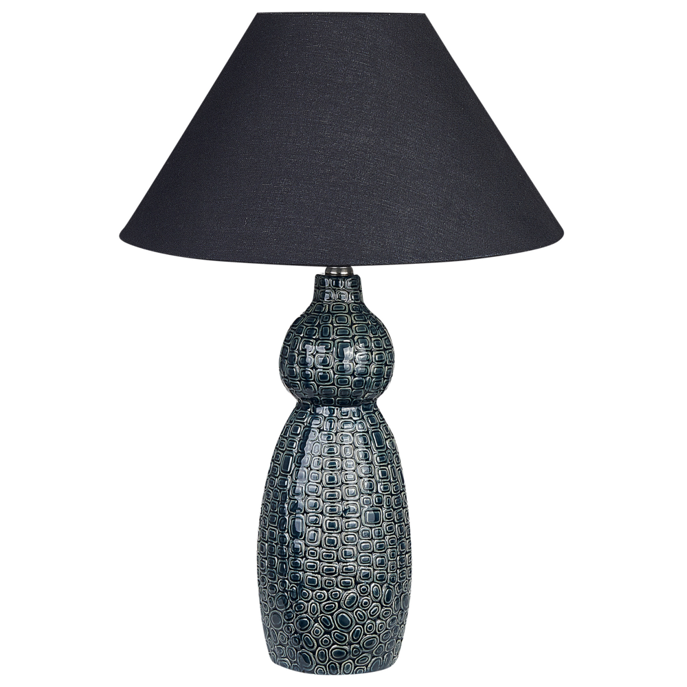 Image of Lampada da tavolo Base in ceramica blu scuro nero Paralume in tessuto Illuminazione d&#39;ambiente Lampada da tavolo da comodino