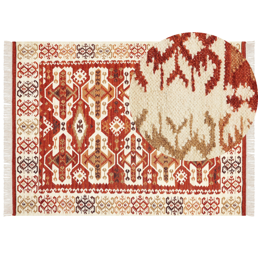 Image of Tappeto Kilim multicolore in lana e cotone 160 x 230 cm Fatto a mano con motivo patchwork Boho e frange.