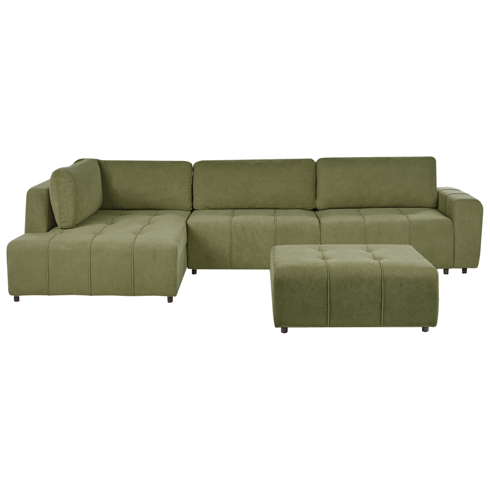 Divano letto a 4 posti ad angolo con rivestimento in tessuto verde a destra con contenitore e ottomano spesso imbottito