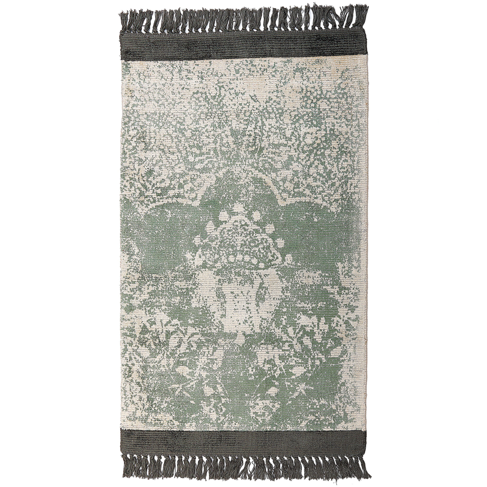 Tappeto vintage in viscosa con frange 80 x 150 cm verde e beige stile classico e retrò camera da letto soggiorno