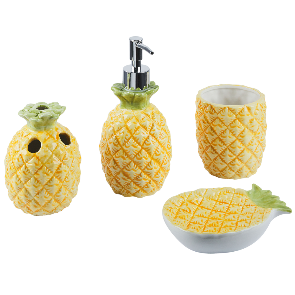 Image of Set di 4 Accessori Bagno in Ceramica giallo e verde a forma di ananas dispenser sapone porta sapone Portaspazzolino recipiente