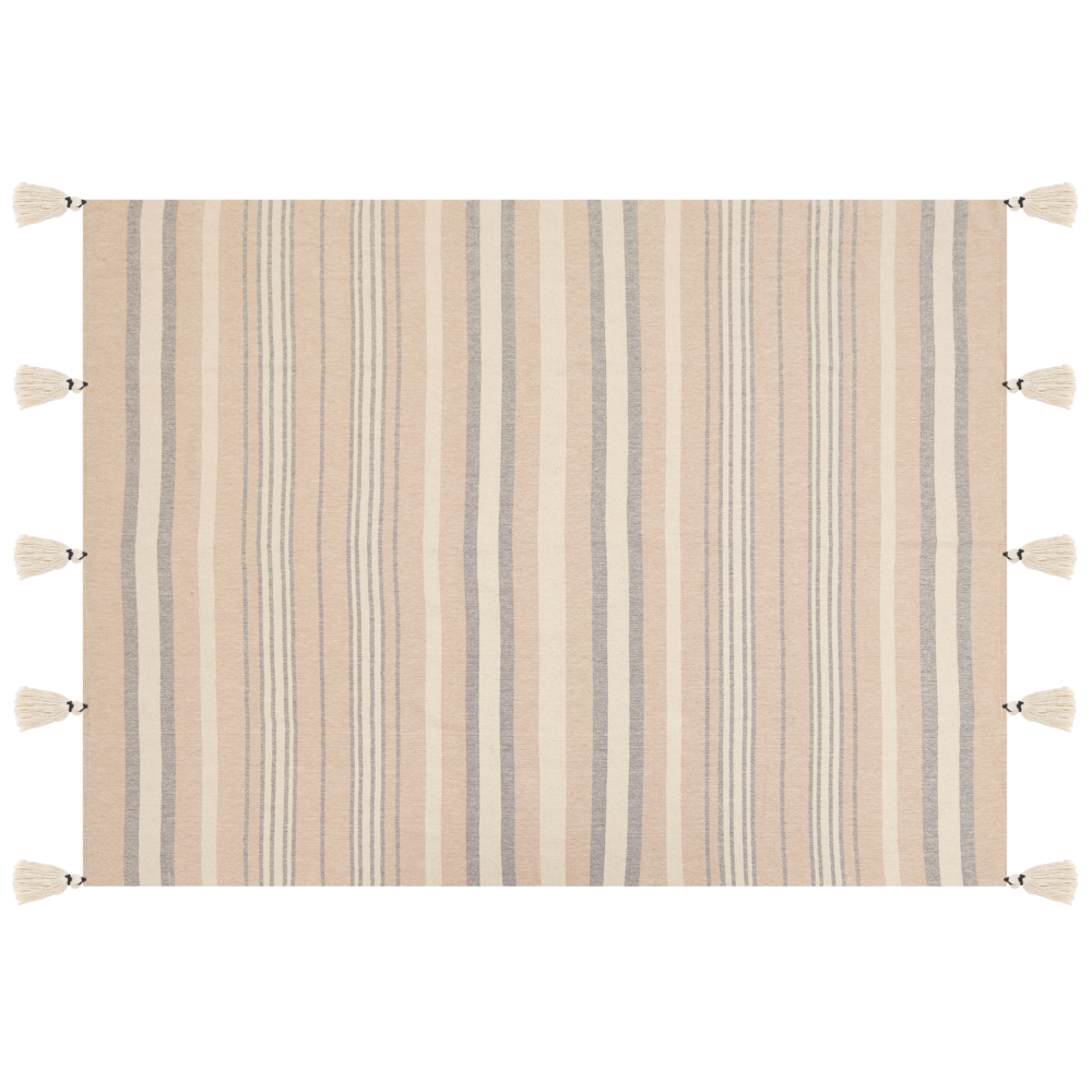 Image of Coperta Beige Cotone 130 x 170 cm Accessorio a righe con frange decorative Fatto a mano