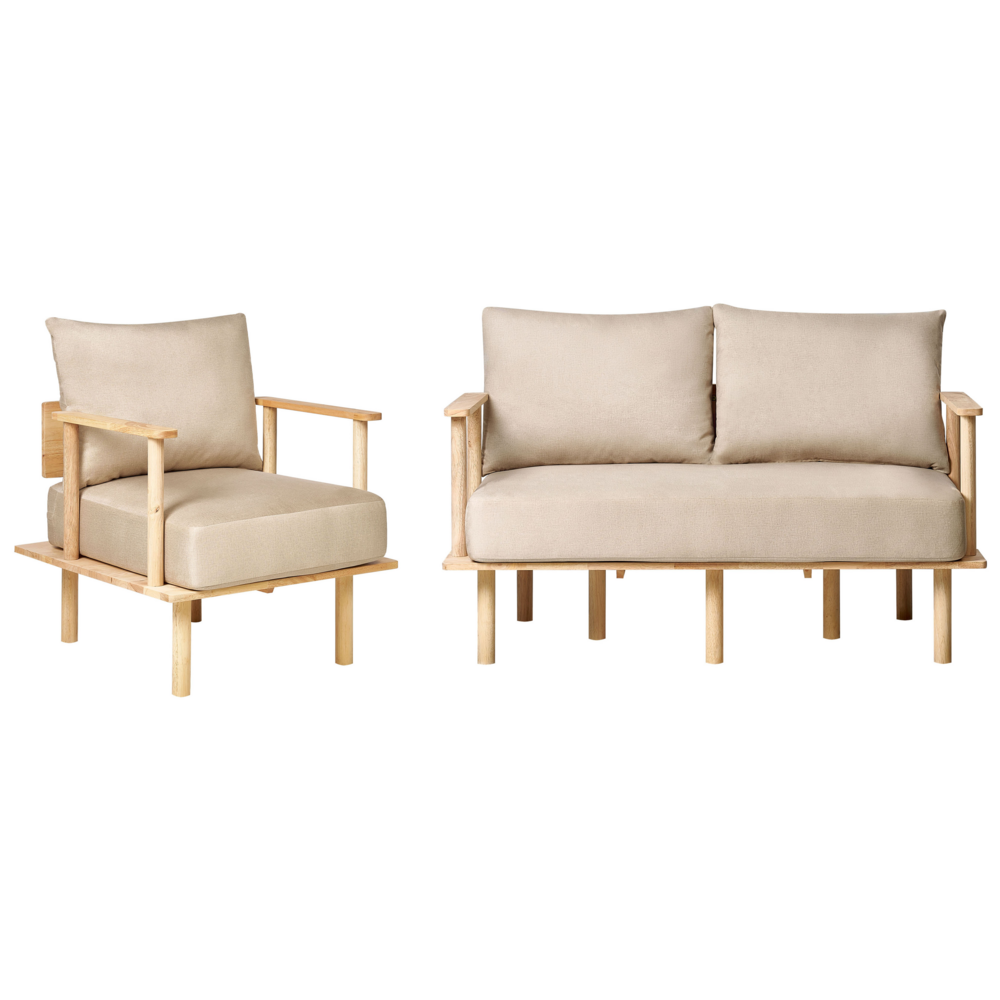 Image of Set da soggiorno tessuto beige gambe in legno struttura divano a 2 posti divano poltrona divano soggiorno