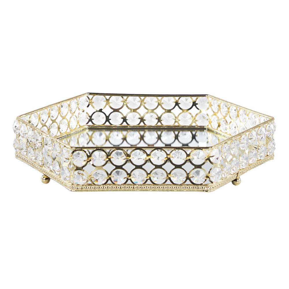 Image of Vassoio decorativo in ferro dorato e vetro esagonale a specchio con strass da tavolo con i glamour