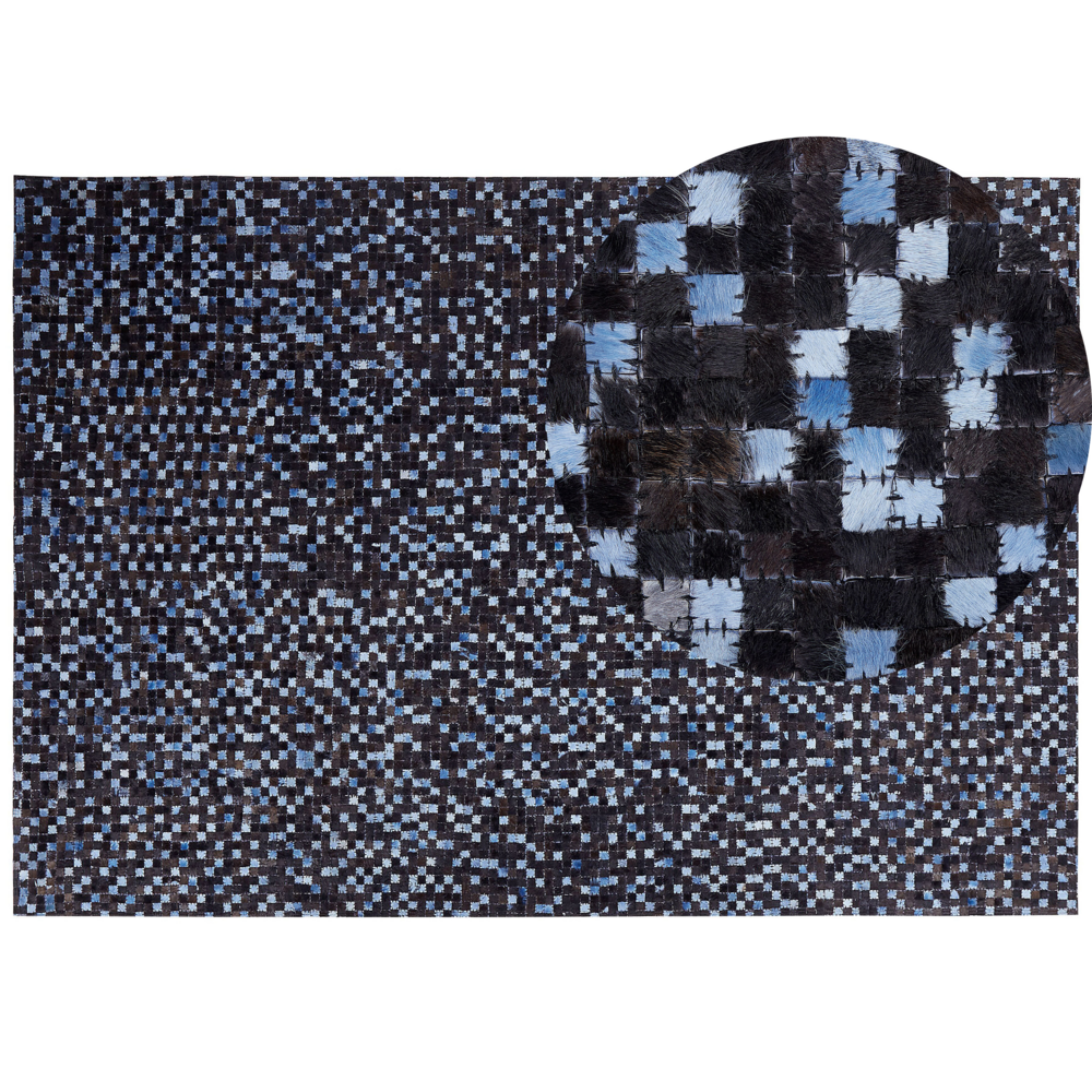 Image of Tappeto tappetino Marrone e Blu in Vera Pelle di Vacchetta Rettangolare 160 x 230 cm Patchwork Boho Decor