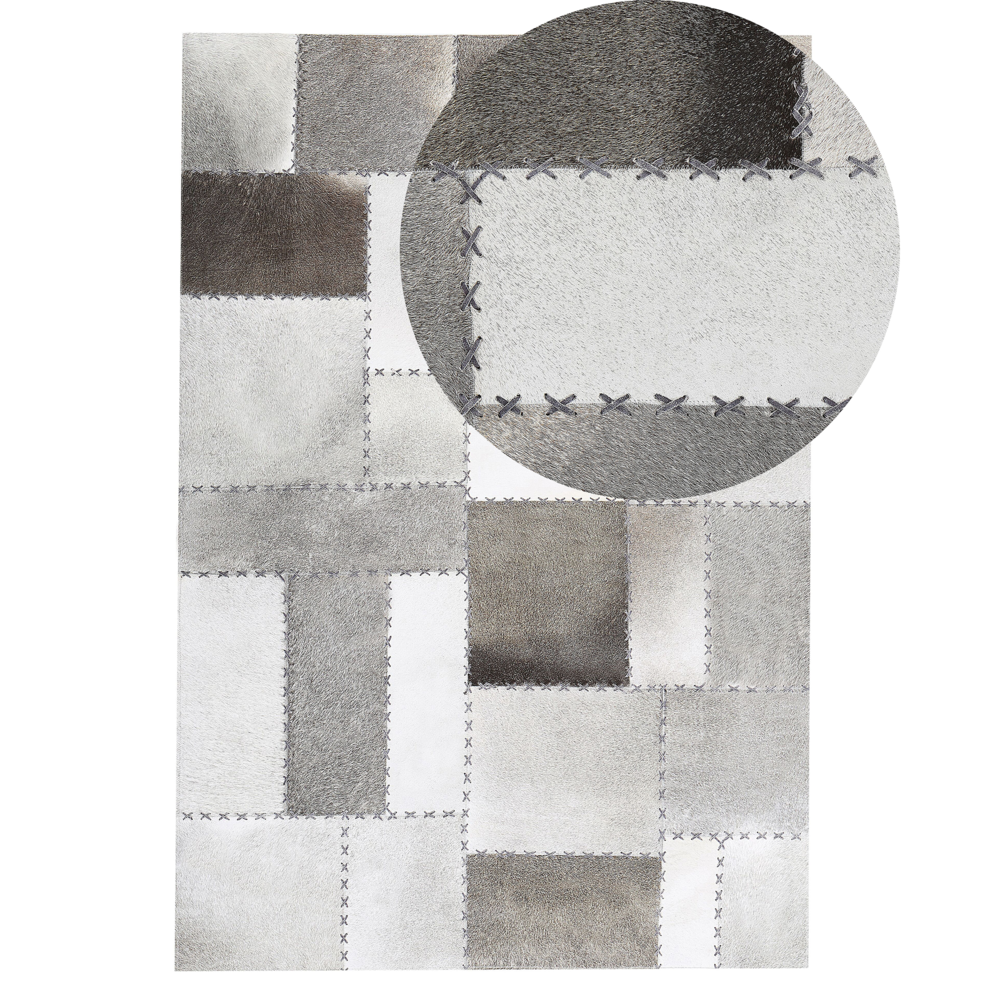 Image of Tappeto tappetino Pelle Bovina Marrone e Grigio 140 x 200 cm Patchwork Artigianale Vintage