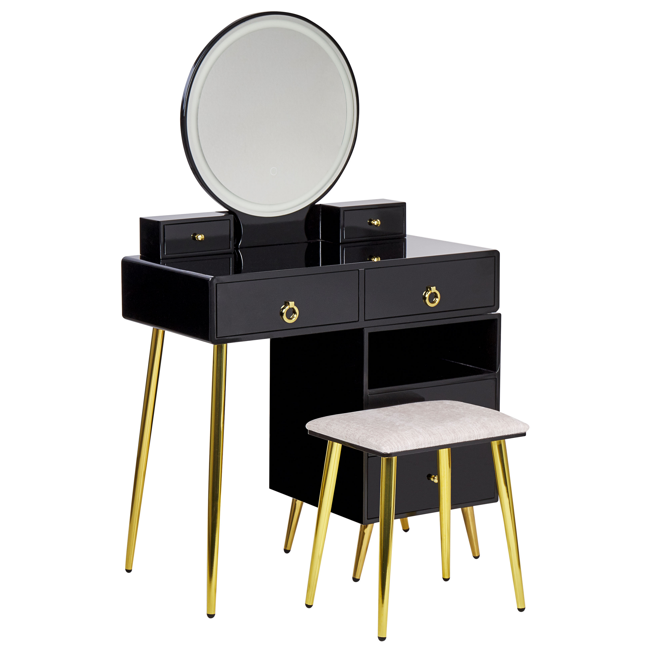 Kaptafel met LED spiegel en kruk zwart/goud YVES