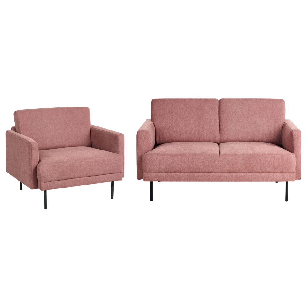 Set soggiorno divano 3 posti e poltrona con gambe in tessuto rosa stile moderno e minimalista