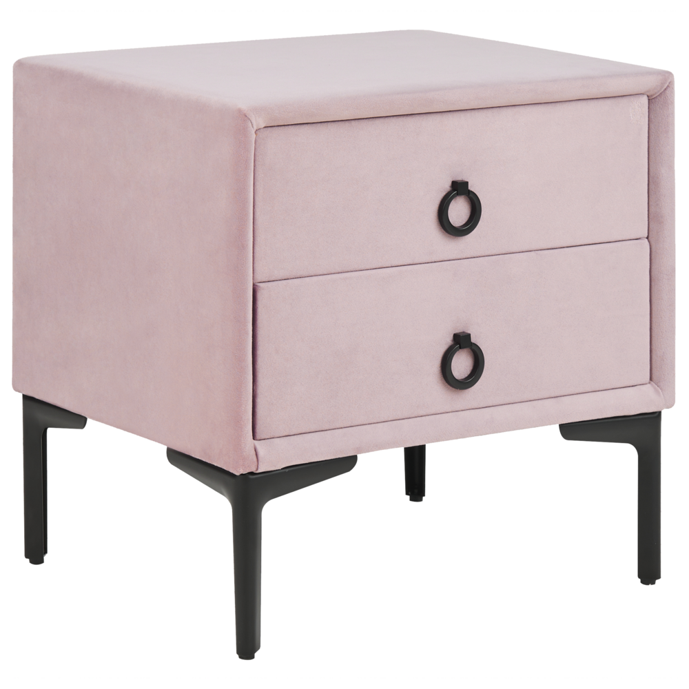 Image of Comodino Velluto Rosa Gambe in Metallo Nero con 2 Cassetti Contenitori 44x 38 cm Comodino