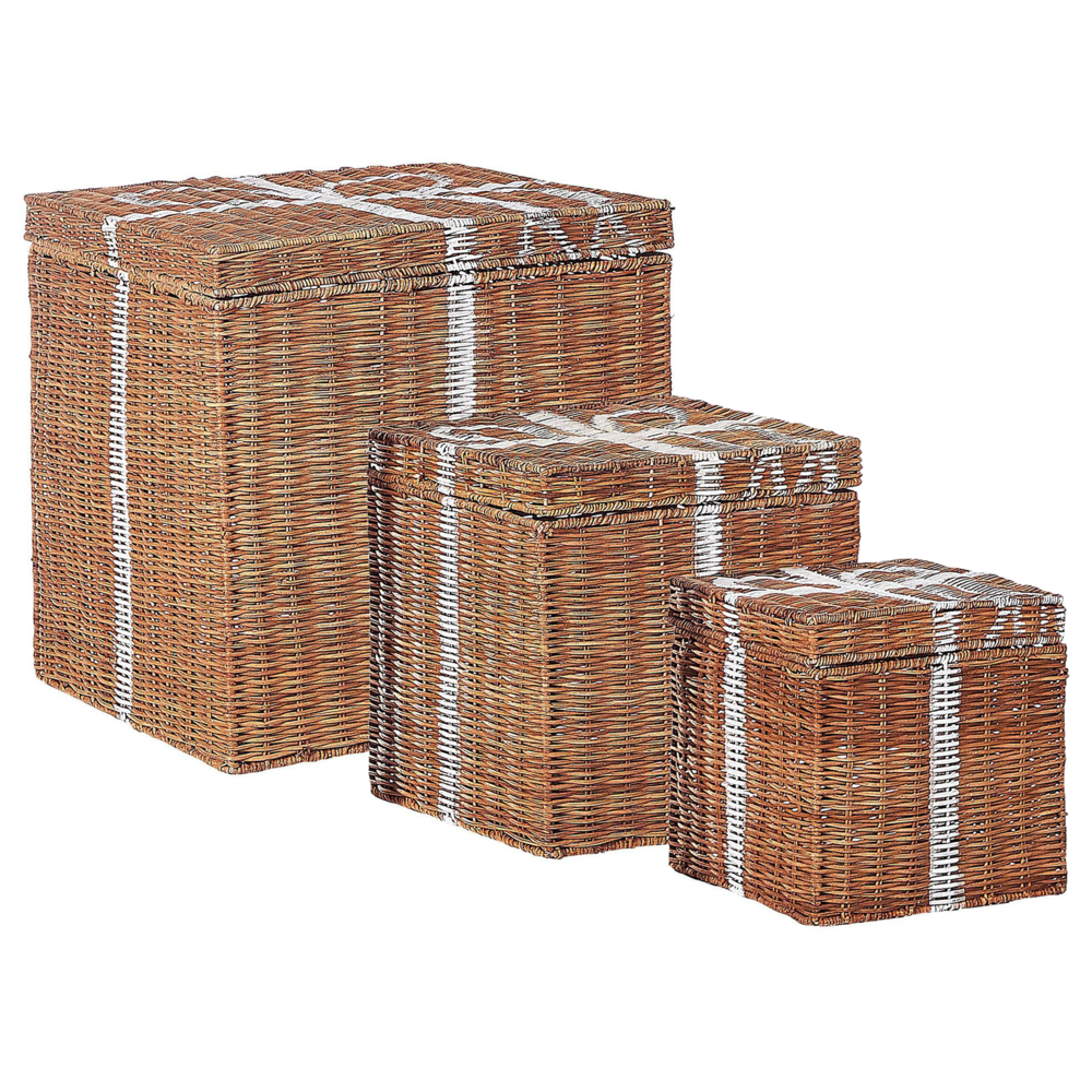 Image of Scatole regalo decorative in rattan marrone Set di 3 scatole quadrate di varie dimensioni Design rustico