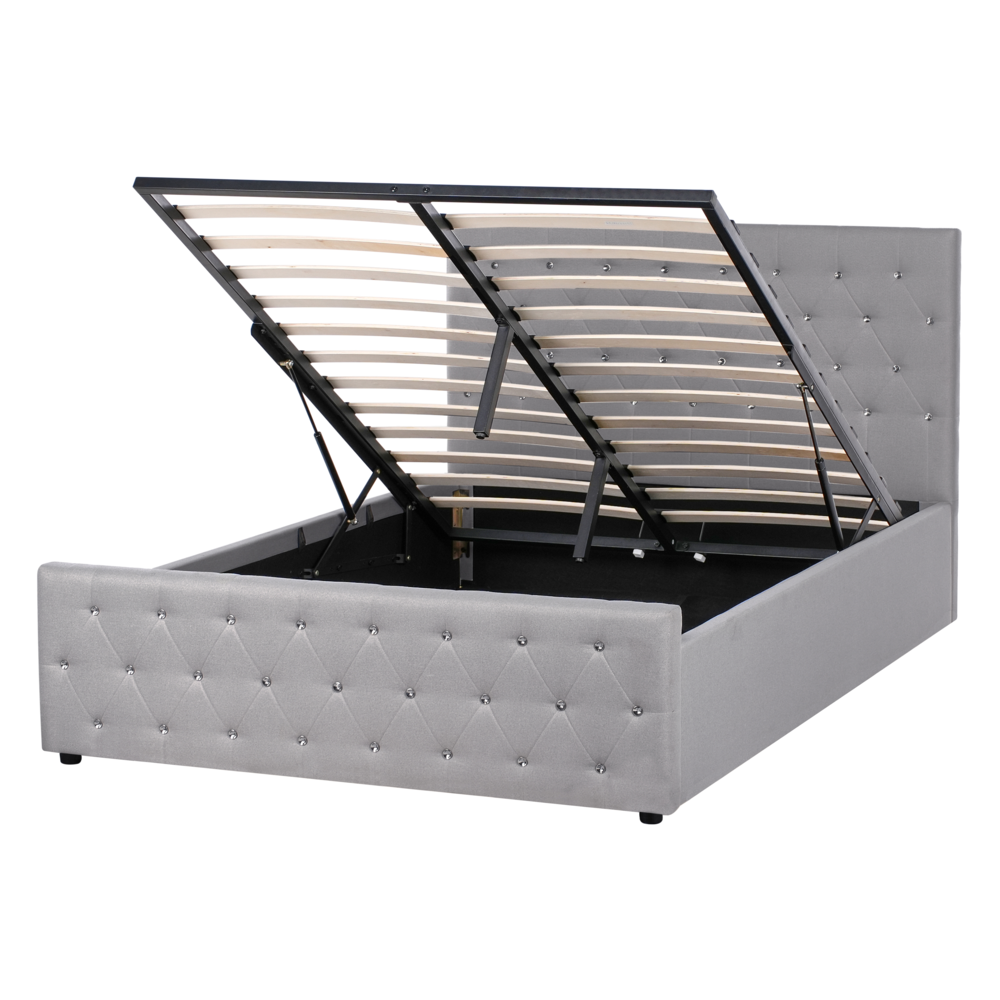 Letto matrimoniale imbottito in poliestere grigio chiaro con testata imbottita con pouf 140 x 200 cm testiera doppia trapuntata