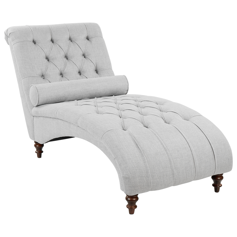 Image of Chaise longue in tessuto grigio Chesterfield abbottonato moderno soggiorno Chaise gambe in legno