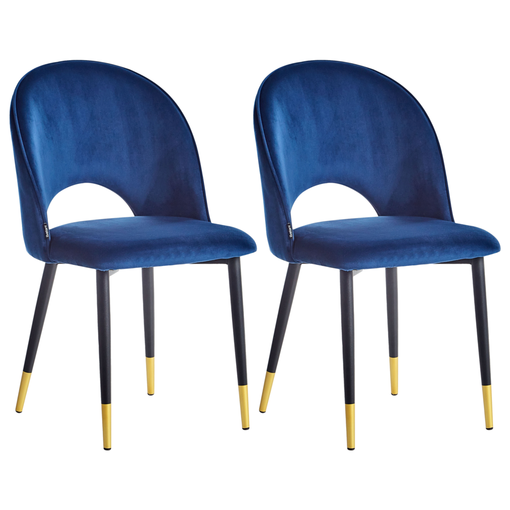 Image of Set di 2 sedie da pranzo rivestimento in velluto blu gambe nere glamour retrò