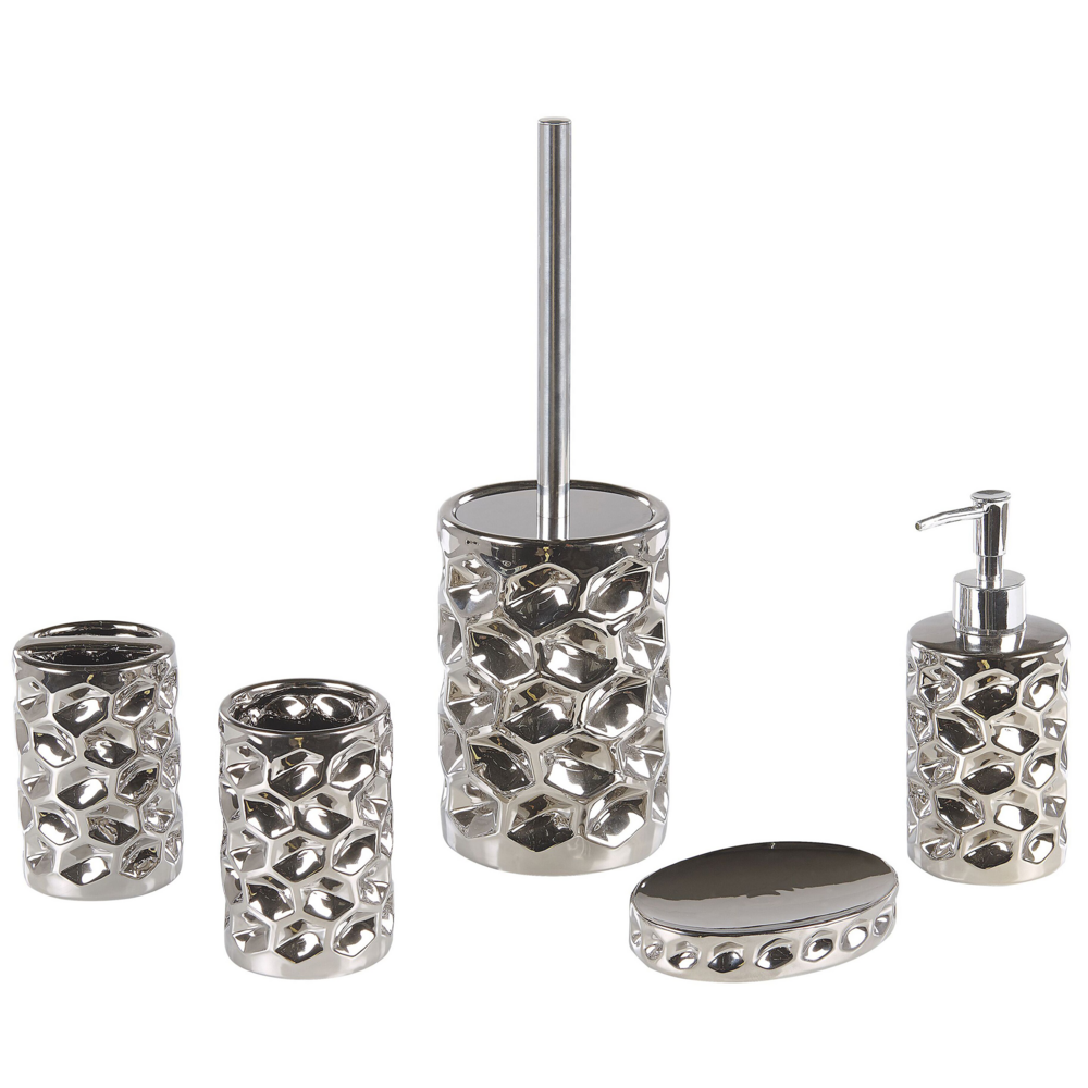 Set di 5 Accessori Bagno in Ceramica Argento portasapone dispenser Bicchiere e Portascopino