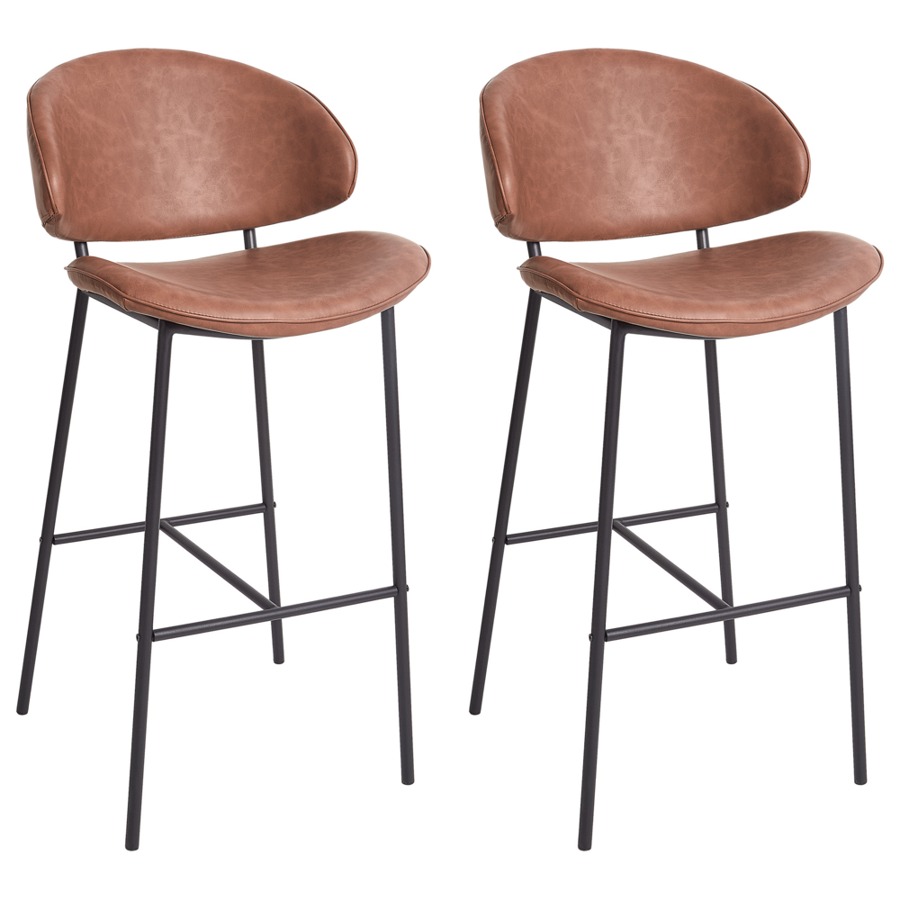 Image of Set di 2 sedie da bar con seduta imbottita in tessuto marrone senza braccioli senza braccioli schienale curvo stile moderno