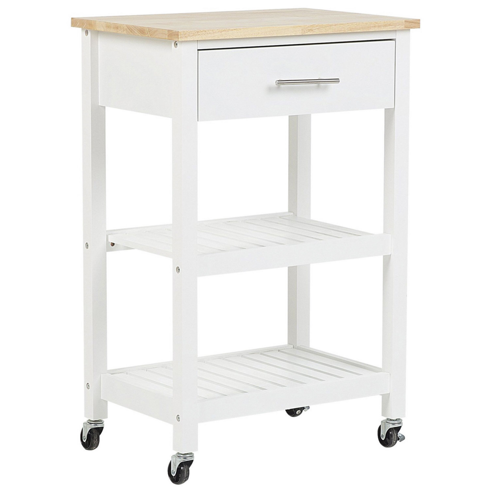 Image of Carrello da cucina in legno di gomma bianco MDF 58 x 40 x 85 cm 3 ripiani cassetto portaposate portabottiglie ruote