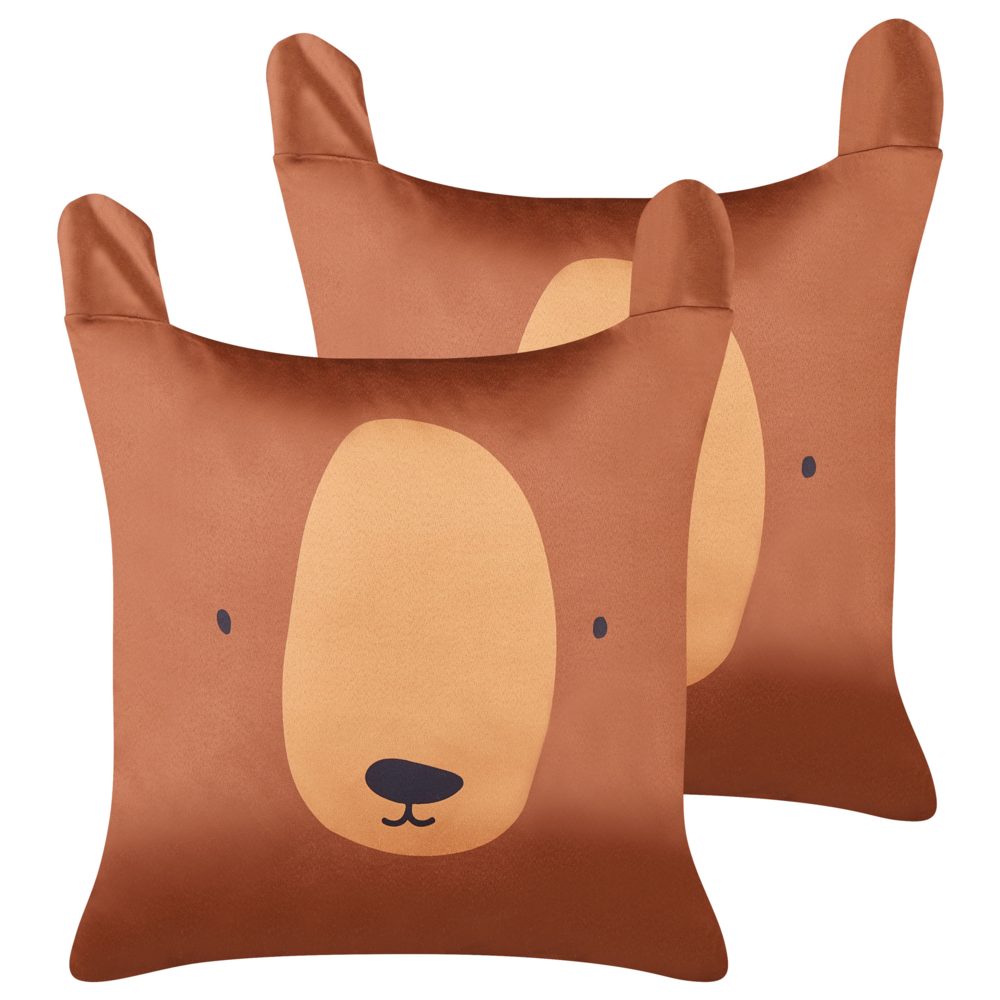 Image of Set di 2 cuscini decorativi in cotone marrone 45 x 45 cm con motivo a orso, sfoderabili, accessori moderni per la camera da letto e il soggiorno.