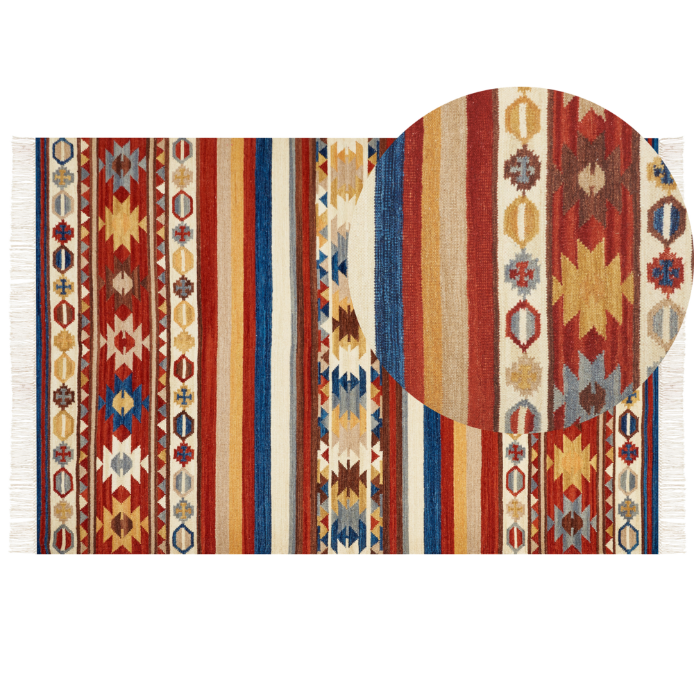 Image of Tappeto di lana multicolore 200 x 300 cm kilim fatto a mano con nappe soggiorno camera da letto