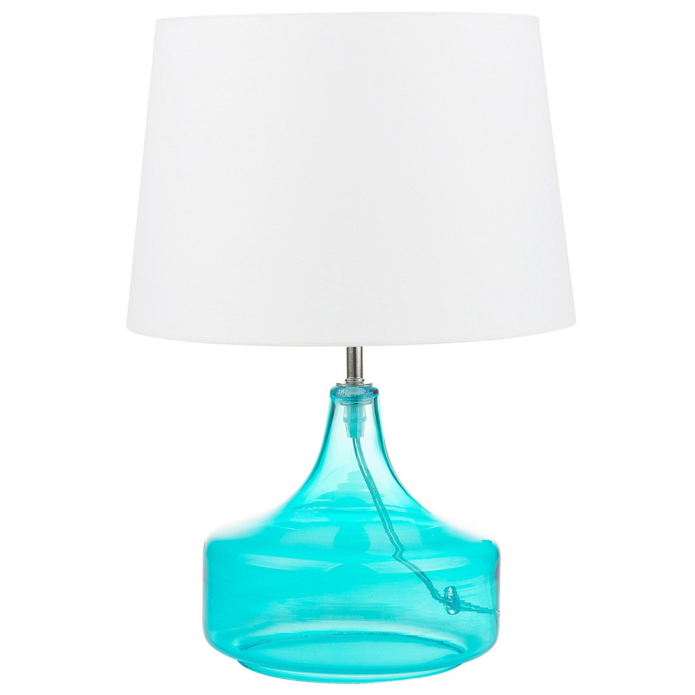 Image of Lampada da Tavolo Turchese e Bianco con Base in Vetro Trasparente Paralume Tamburo in Poliestere Design Moderno