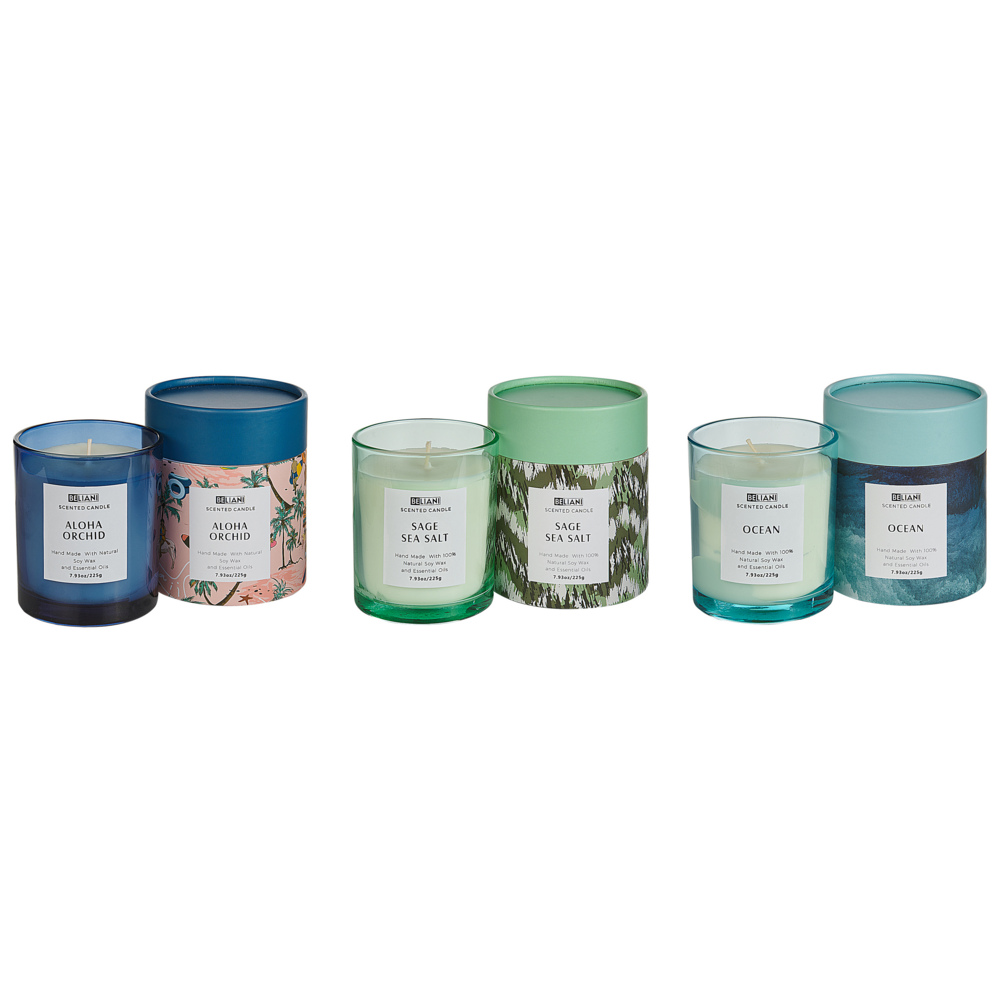 Image of Set di 3 candele profumate multicolore 100% cera di soia stoppino di cotone vetro fragranza floreale erbe orientali salvia-sale-marino-oceano-aloha-orchidea
