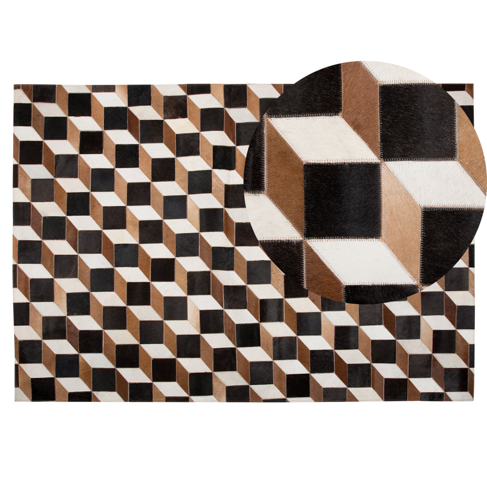 Image of Tappeto Pelle Marrone 140 x 200 cm Moderno Patchwork Pelle Bovina Motivo 3D Tappeto Rettangolare Fatto a Mano