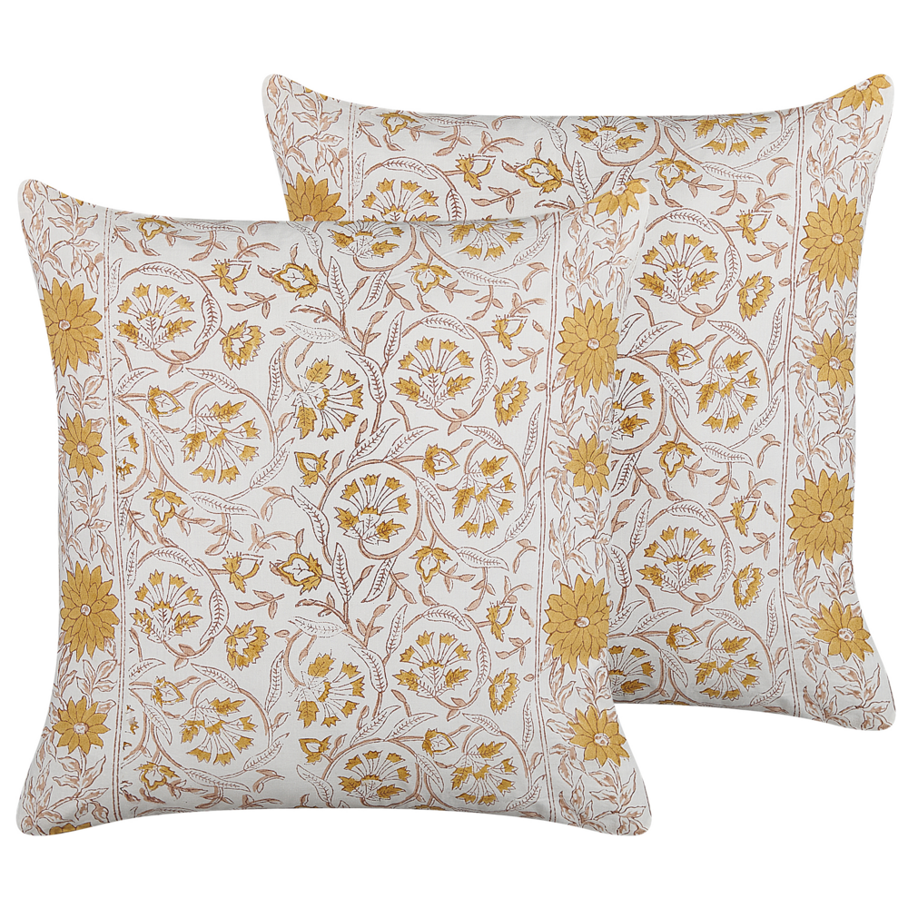 Image of Set di 2 cuscini decorativi cotone bianco e giallo 45 x 45 cm motivo floreale fatto a mano rivestimento sfoderabile con imbottitura boho style