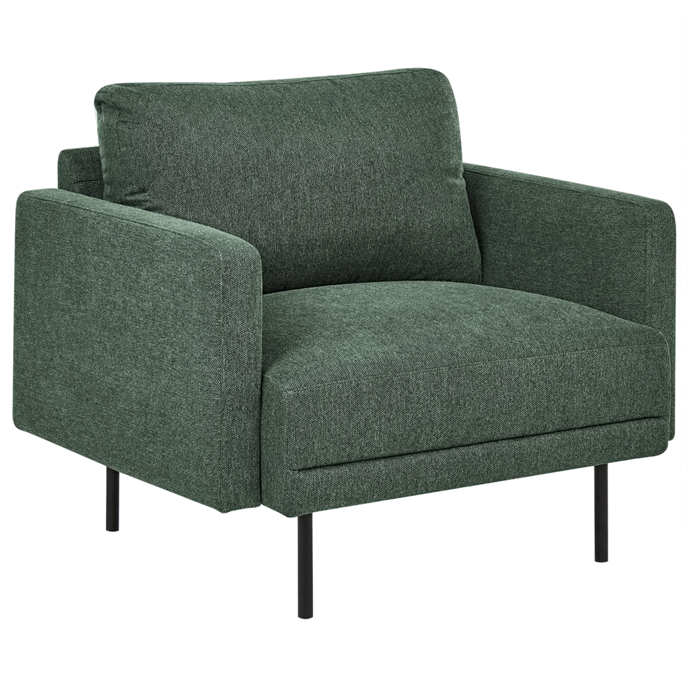 Poltrona moderna imbottita in tessuto verde scuro con gambe in metallo stile moderno e minimalista