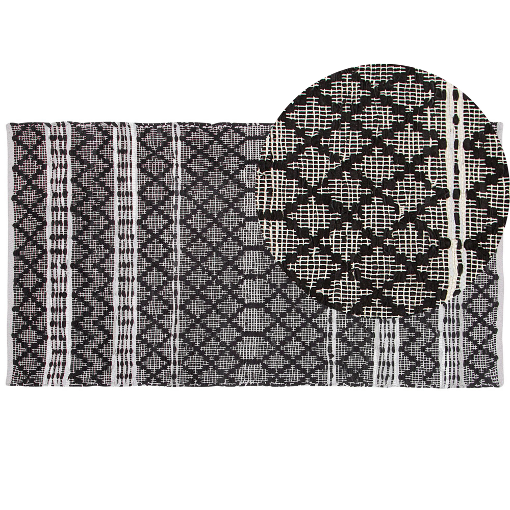 Image of Tappeto tappetino Nero con Beige 80 x 150 cm Moderno Contemporaneo Telato a Mano in Vera Pelle Cotone Motivo Chevron