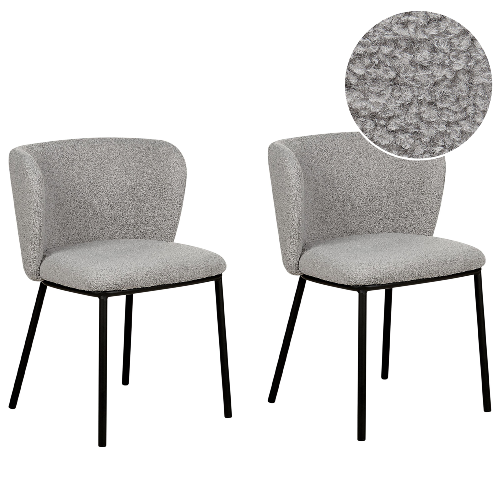 Image of Set di 2 sedie da pranzo in bouclè grigio Rivestimenti in metallo nero Gambe senza braccioli Schienale curvo Design moderno e contemporaneo