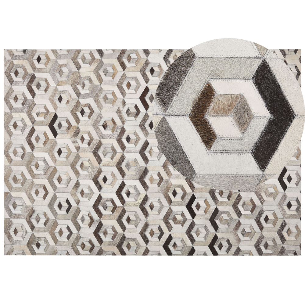 Image of Tappeto rettangolare in pelle di vacchetta beige e marrone 160 x 230 cm Patchwork motivo geometrico retrò