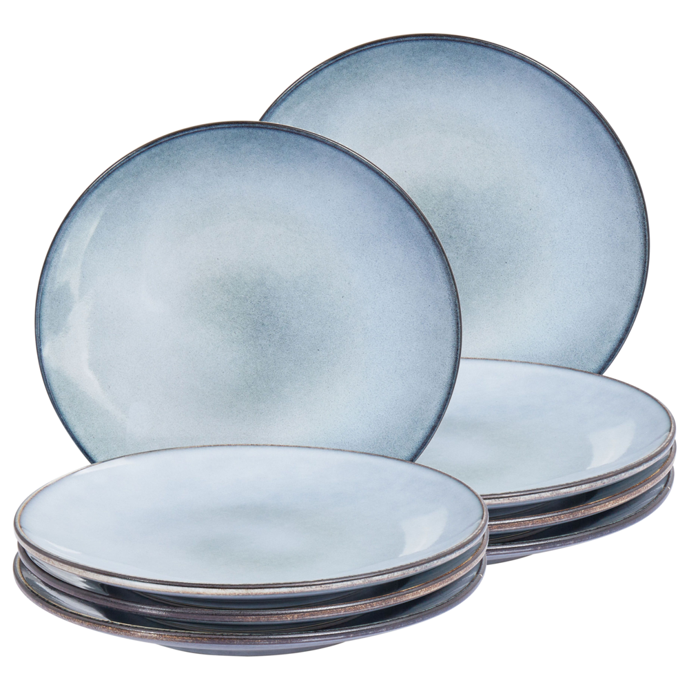 Image of Set di 8 piatti grandi in gres caolino fatto a mano con smalto reattivo azzurro Cucina Sala da pranzo