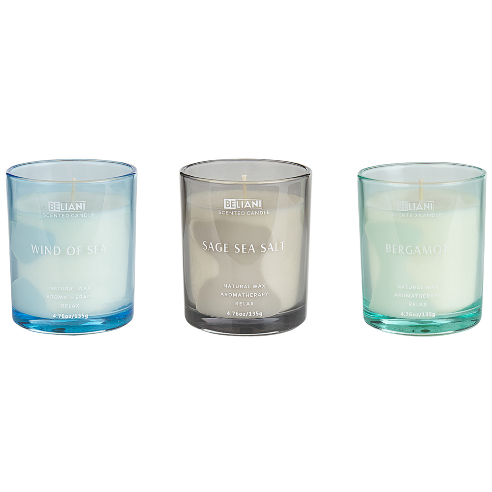 Image of Set di 3 candele profumate multicolore 100% cera di soia stoppino di cotone vetro Naturale Fragranza fresca Bergamotto/Vento di mare/Sale marino