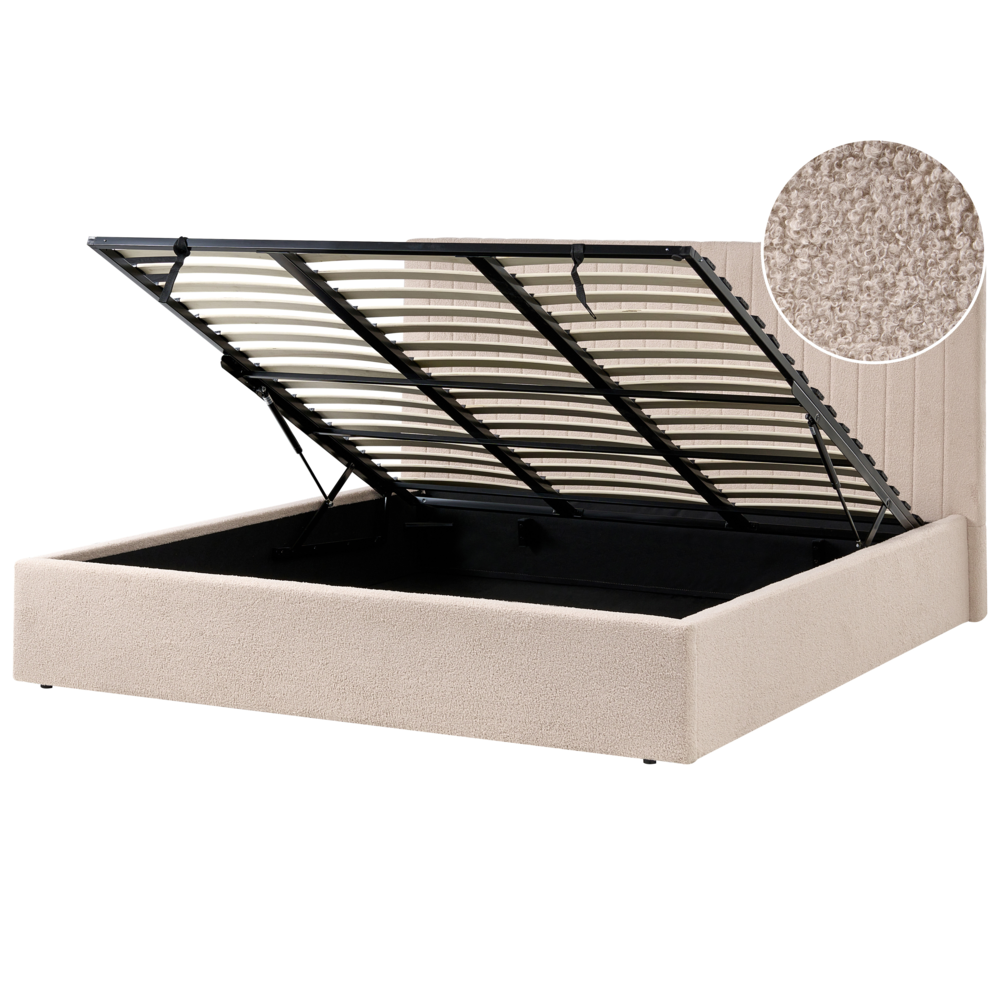 Letto matrimoniale Rivestimento bouclé beige 180 x 200 cm Testiera trapuntata Funzione contenitore