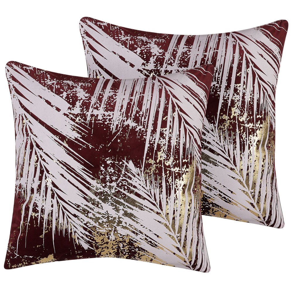 Image of Set di 2 cuscini decorativi motivo foglia di palma bordeaux 45 x 45 cm motivo floreale stampa accessori arrossoamento glamour