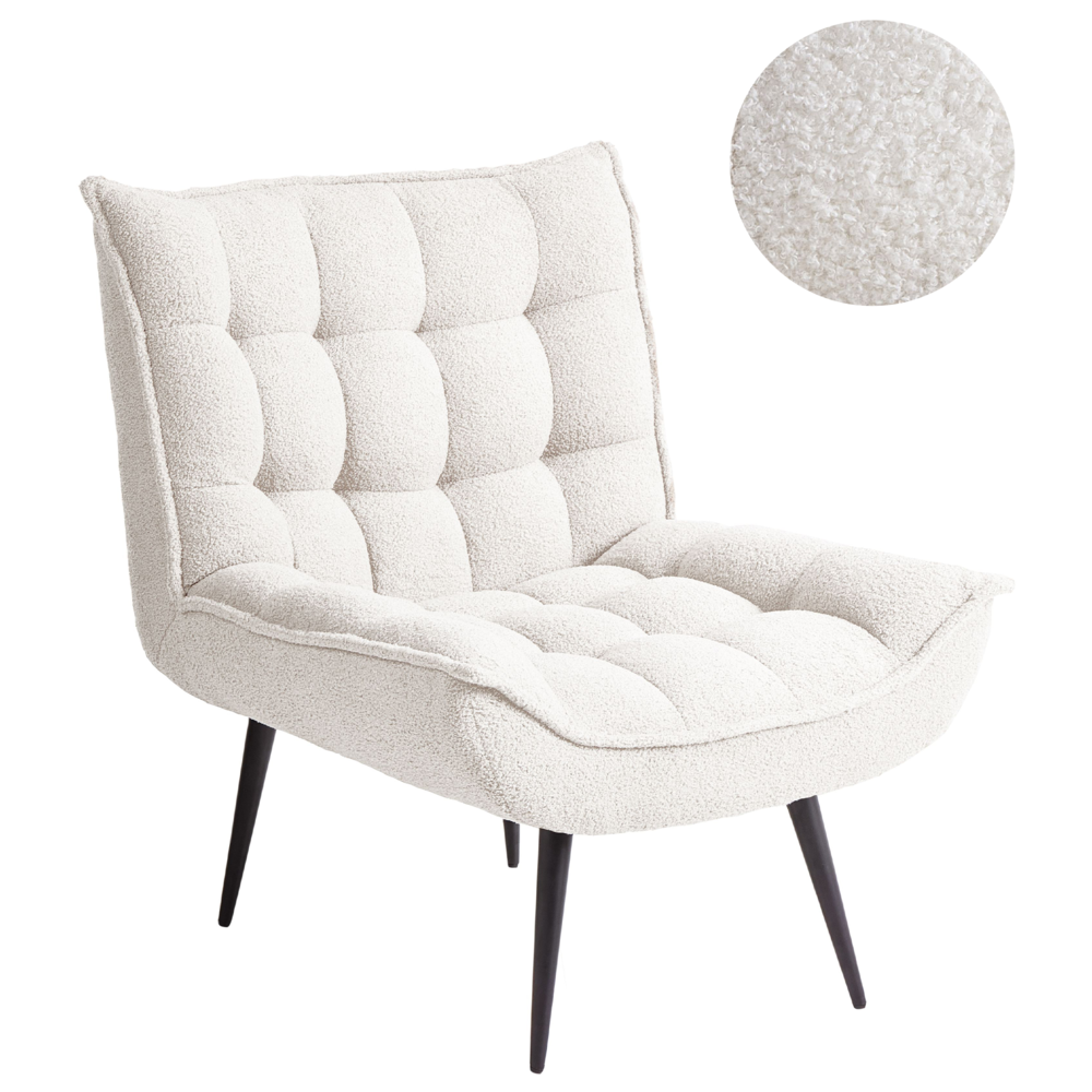 Poltrona bianca in bouclé senza braccioli, sedia accentuante da relax, senza braccioli, gambe in ferro nero, per soggiorno o camera da letto, moderna.