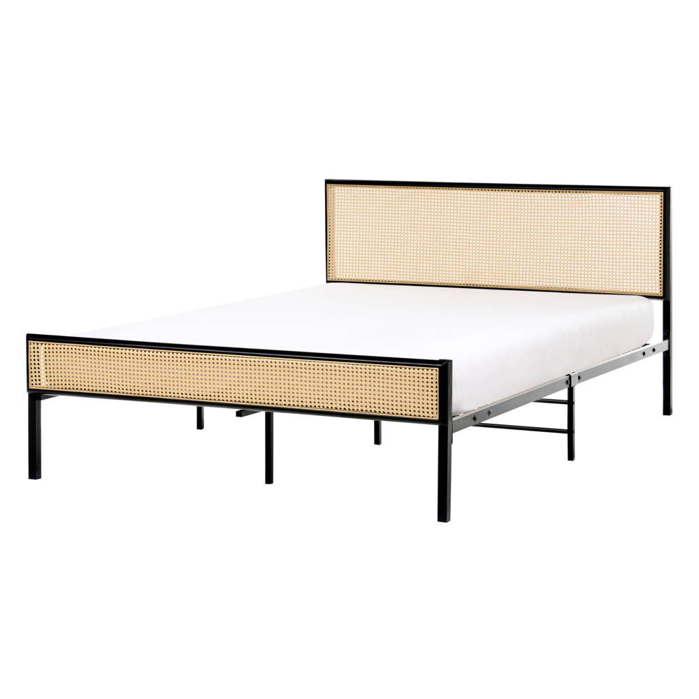 Image of Letto matrimoniale imbottito in tessuto nero con rete a doghe e gambe in legno 140 x 200 cm stile contemporaneo