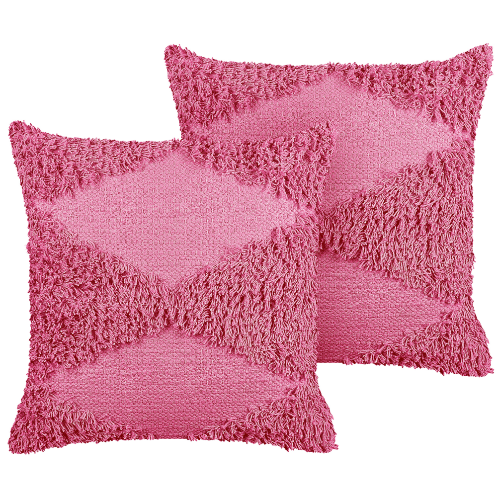 Image of Set di 2 cuscini decorativi in cotone rosa 45 x 45 cm federa boho trapuntata a motivi geometrici solidi