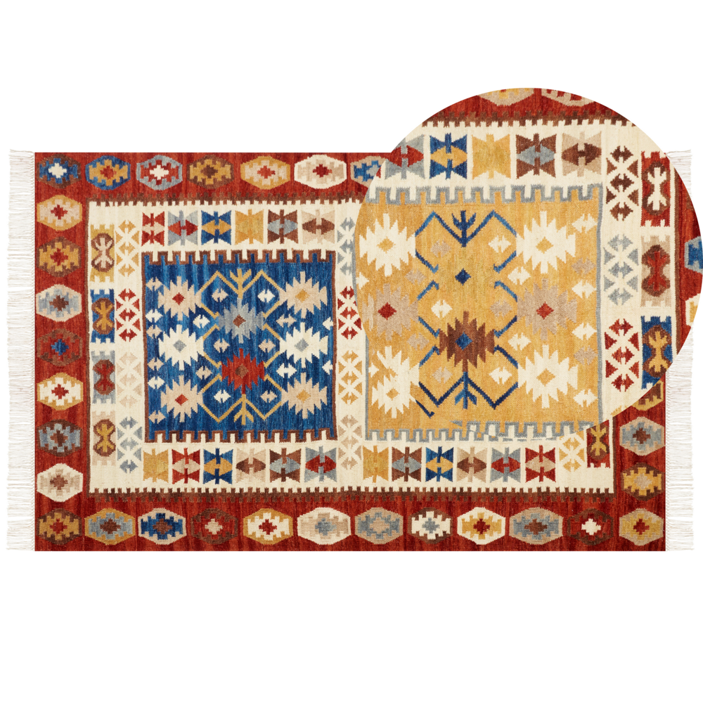 Image of Tappeto kilim in lana multicolore fatto a mano motivo orientale 140 x 200 cm nappe soggiorno camera da letto
