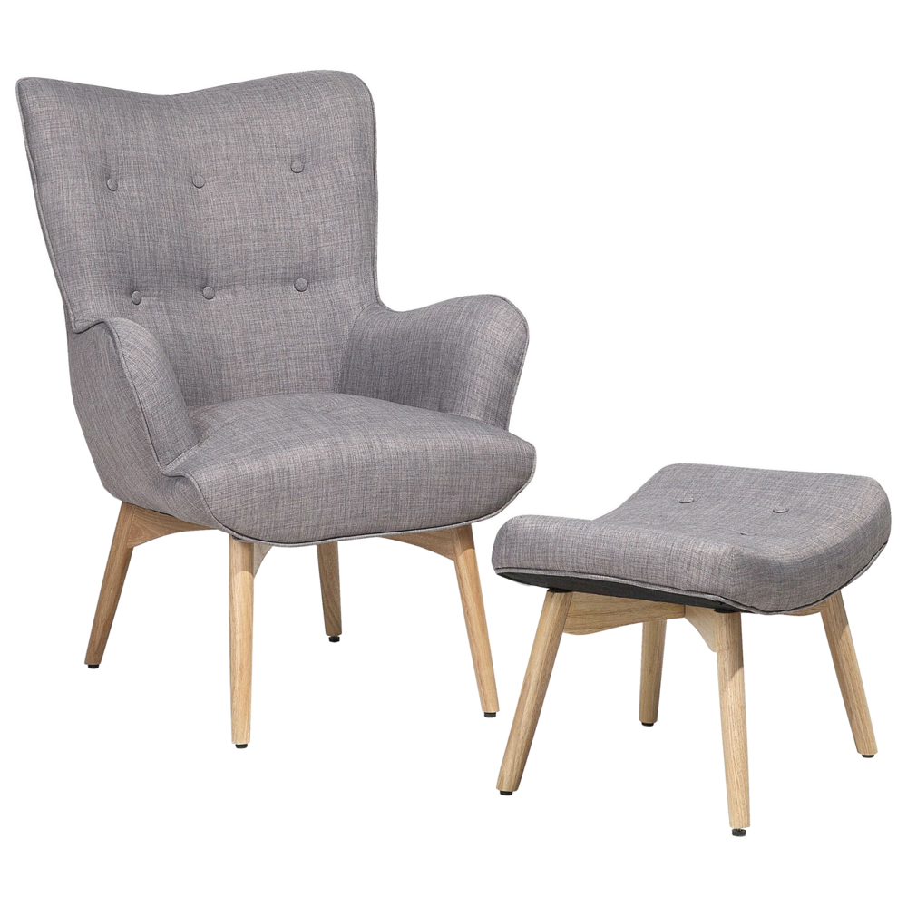Image of Sedia Wingback con ottomana in tessuto grigio chiaro abbottonato in stile retrò