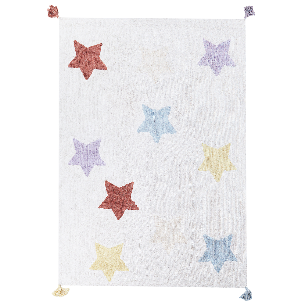 Image of Tappeto per bambini in cotone multicolore 140 x 200 cm motivo a stelle intrecciato a mano con frange Tappeto da gioco per bambini
