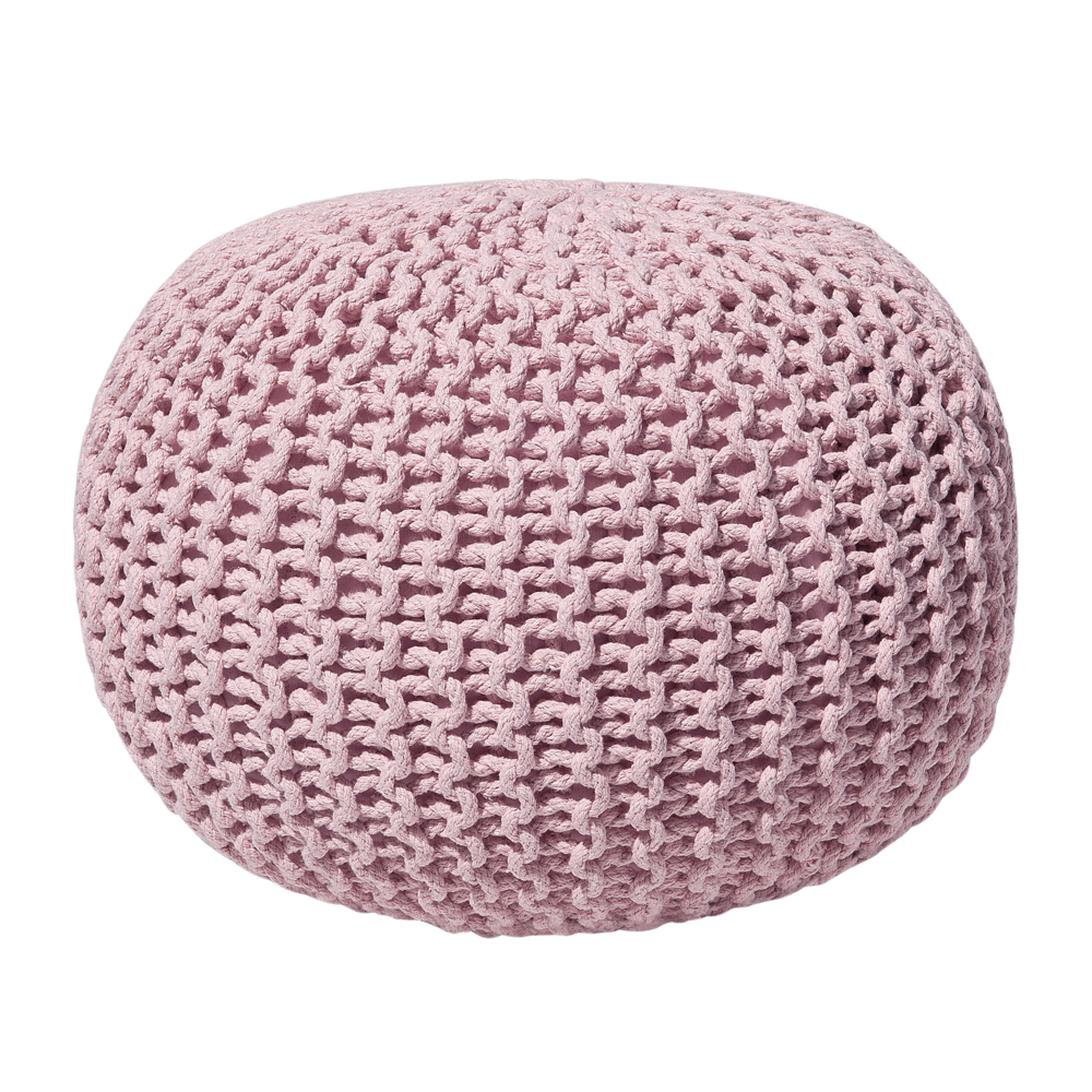 Image of Pouf ottomana rosa in cotone lavorato a maglia perline EPS riempimento rotondo piccolo poggiapiedi 50 x 35 cm