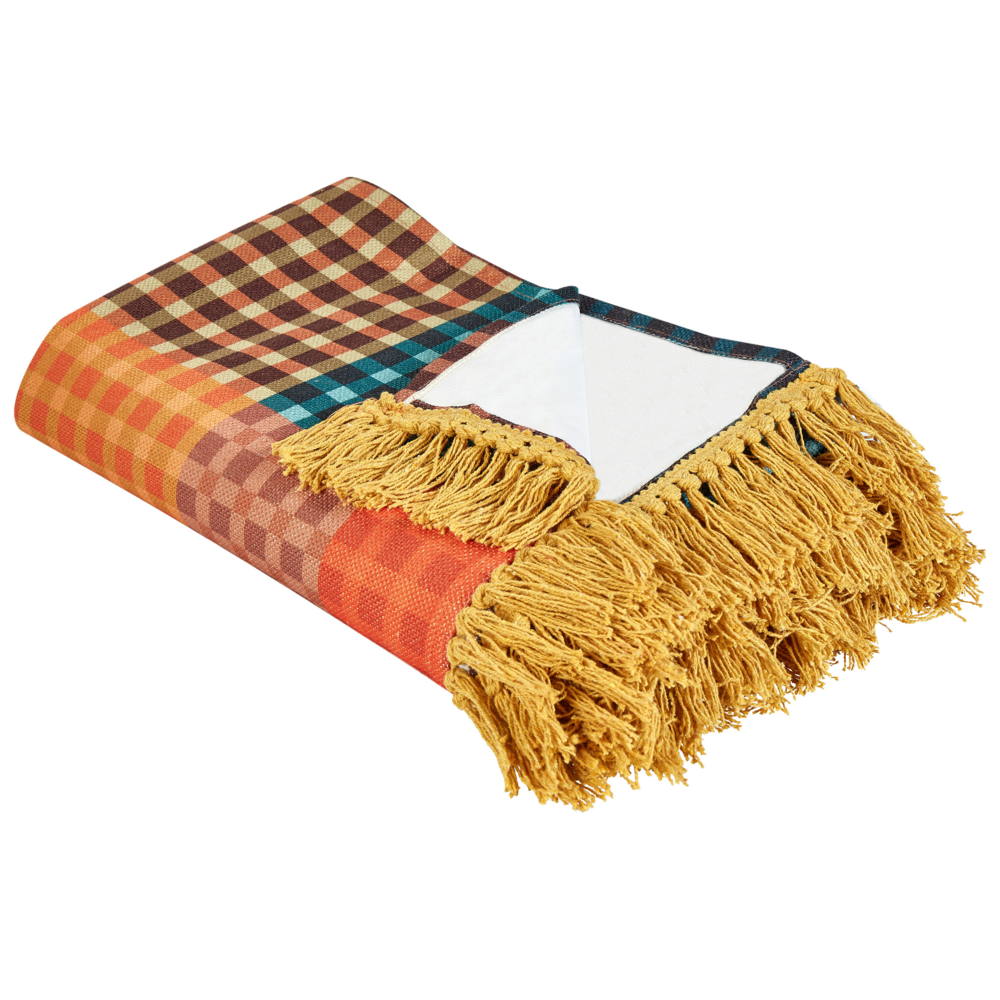 Image of Coperta da picnic in cotone multicolore 150 x 200 cm intrecciata a mano con motivo a quadri e cinturino Coperta da picnic