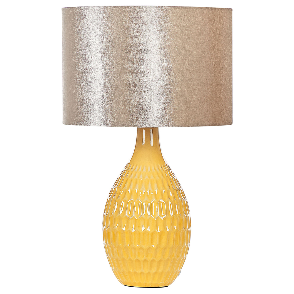 Image of Lampada da Tavolo in Ceramica Gialla 52 cm Retro Luce Notturna Paralume Goffrato Lucido Soggiorno Camera da Letto