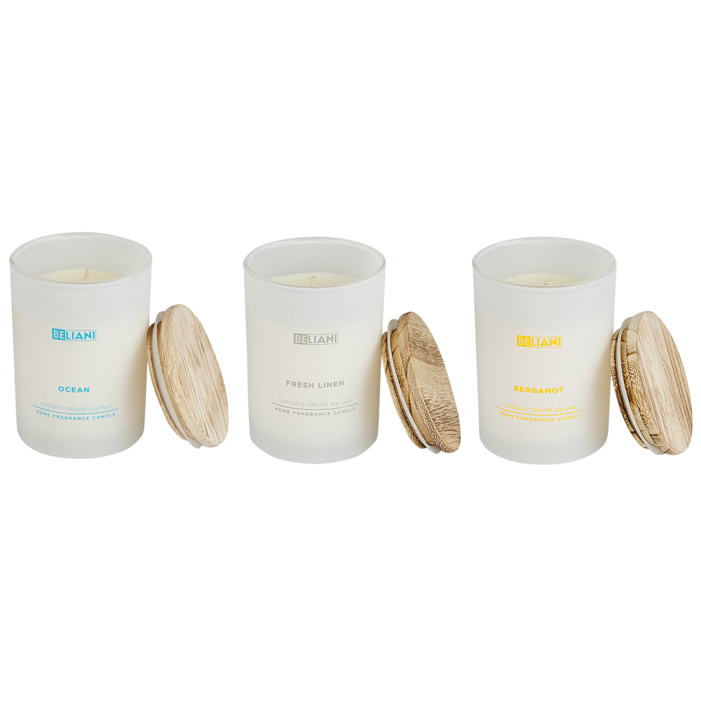 Image of Set di 3 candele profumate multicolore 100% cera di soia stoppino di cotone vetro bianco fragranza Oceano/Bergamotto/Lino fresco