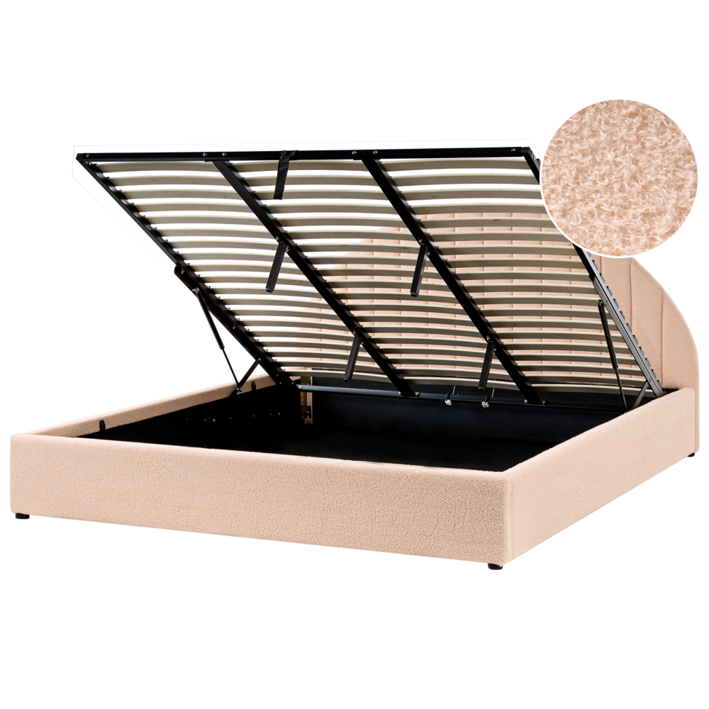 Letto minimalista con contenitore 180 x 200 cm in bouclé stile moderno con testiera rosa pesca