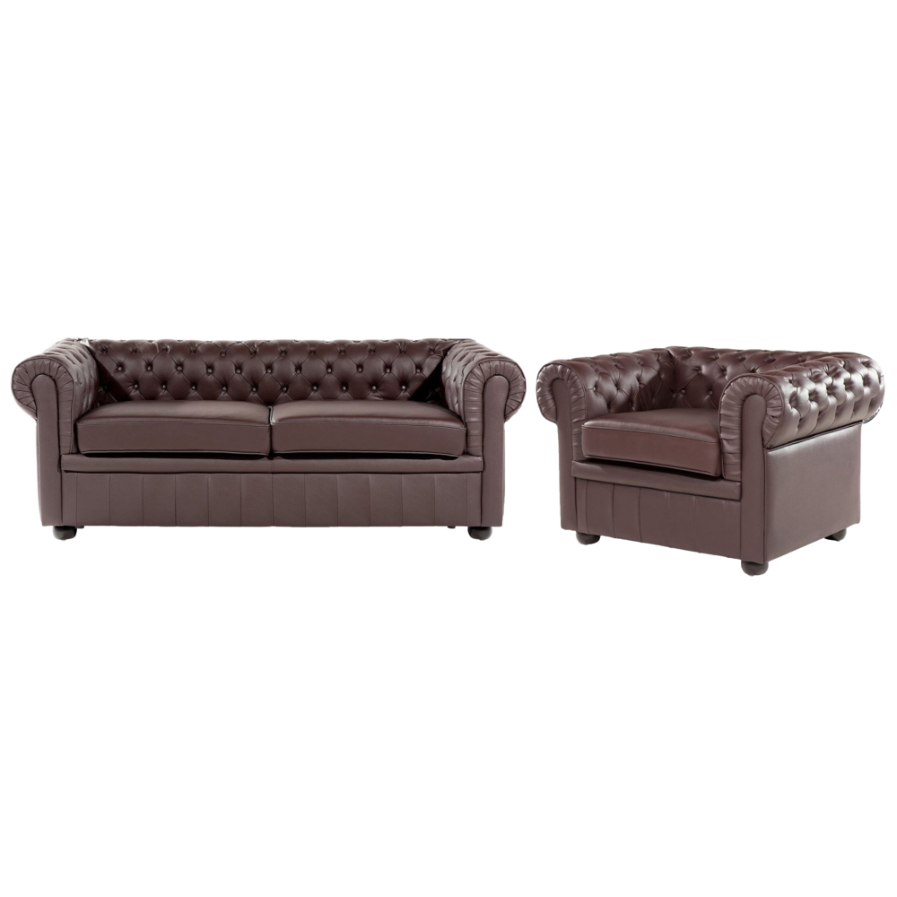 Image of Set soggiorno Chesterfield Rivestimento in pelle marrone Gambe in legno scuro Divano a 3 posti + poltrona contemporanea