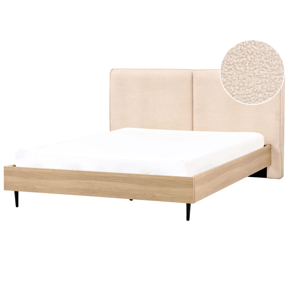 Letto matrimoniale in tessuto bouclè beige con testiera imbottita 180 x 200 cm stile moderno