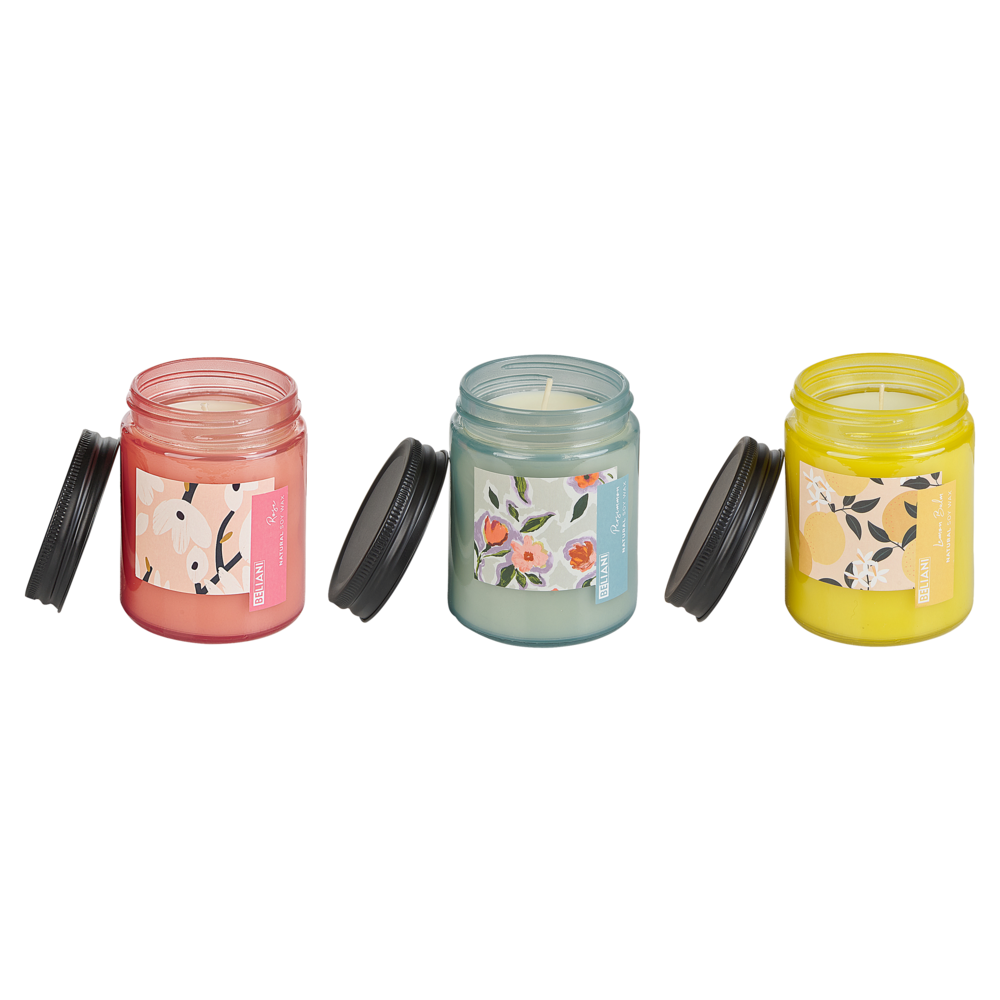 Image of Set di 3 candele profumate multicolore 100% cera di soia stoppino di cotone vetro fragranza floreale orientale alle erbe Rosa/loto/melissa