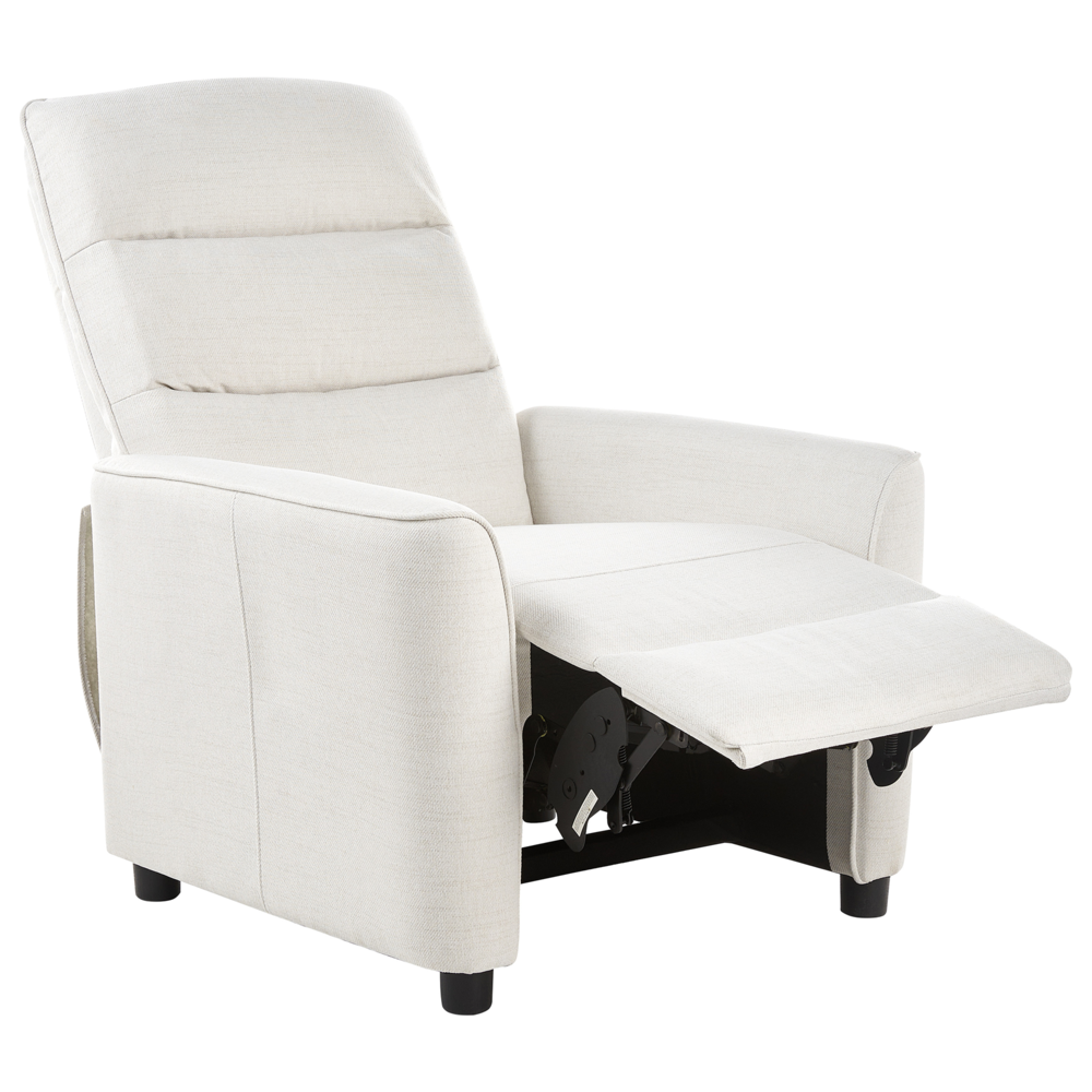 Poltrona reclinabile con rivestimento in tessuto bianco sporco schienale e poggiapiedi regolabili manualmente a spinta poltrona dal design retrò